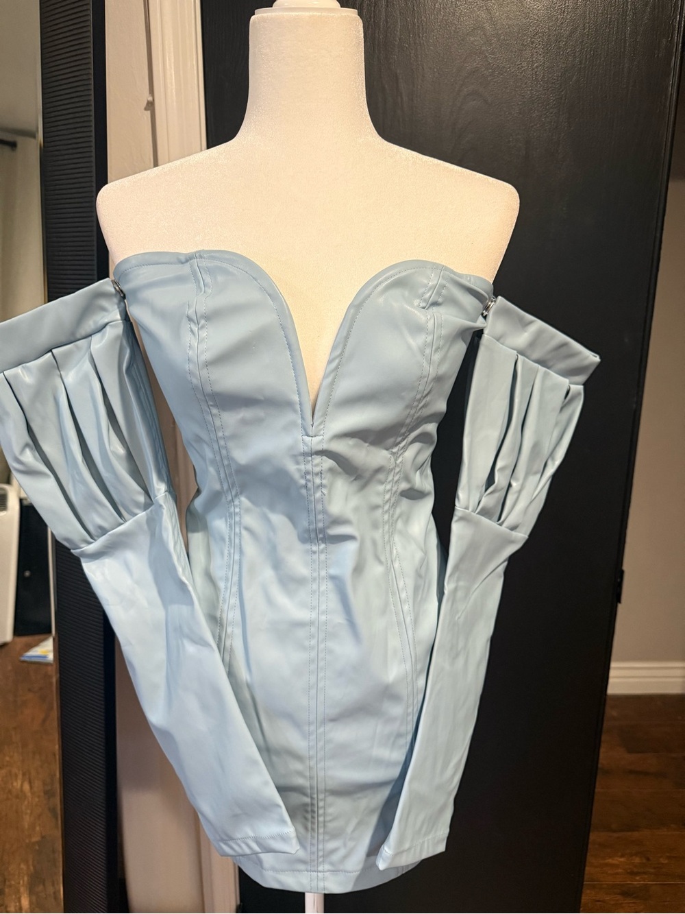 Fashion Nova Light Blue Strapless Corset Mini Dress with Detachable Puff Sleeves